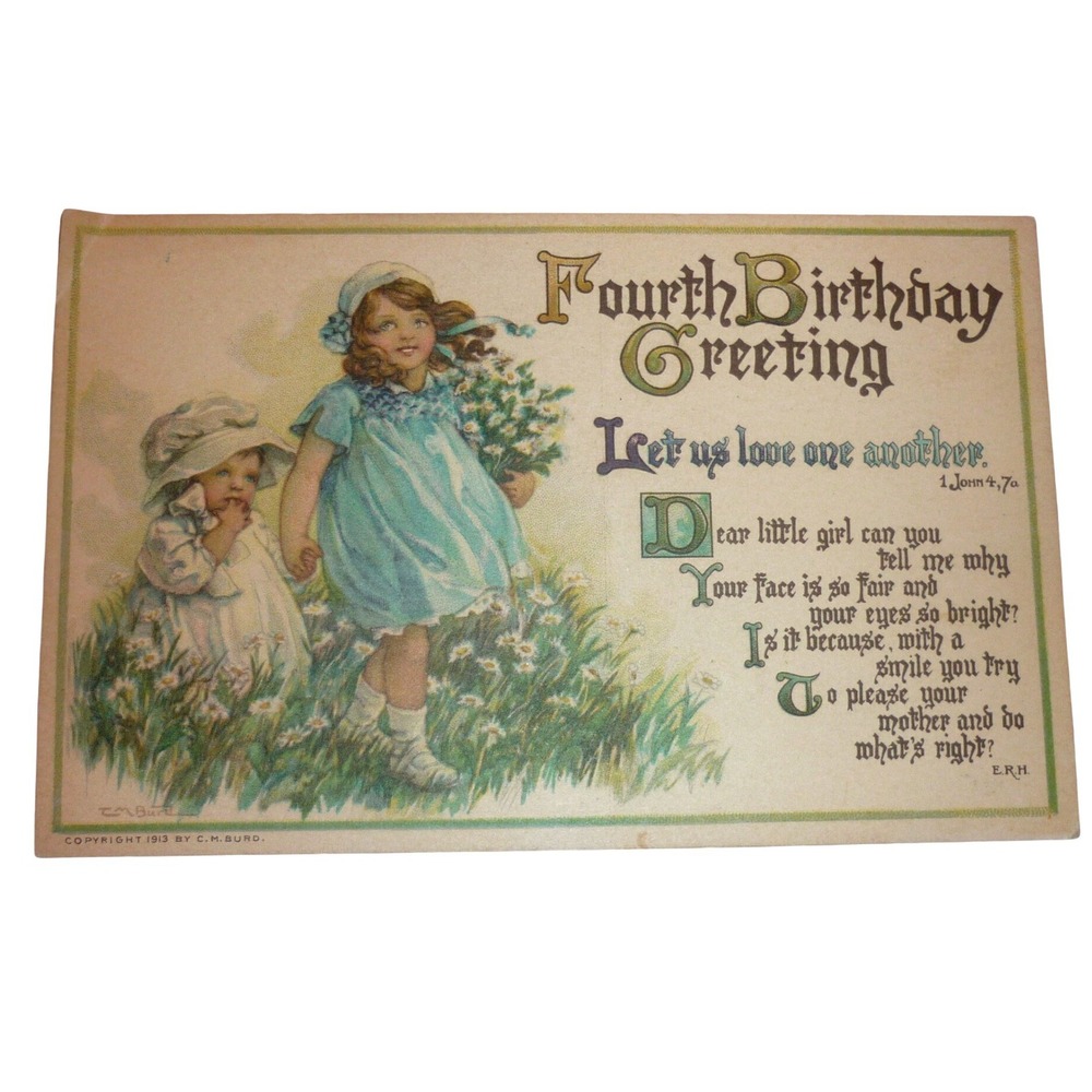 Vintage 1913 Fourth Birthday Greeting Postcard CM Burd Girls Daisies Antique